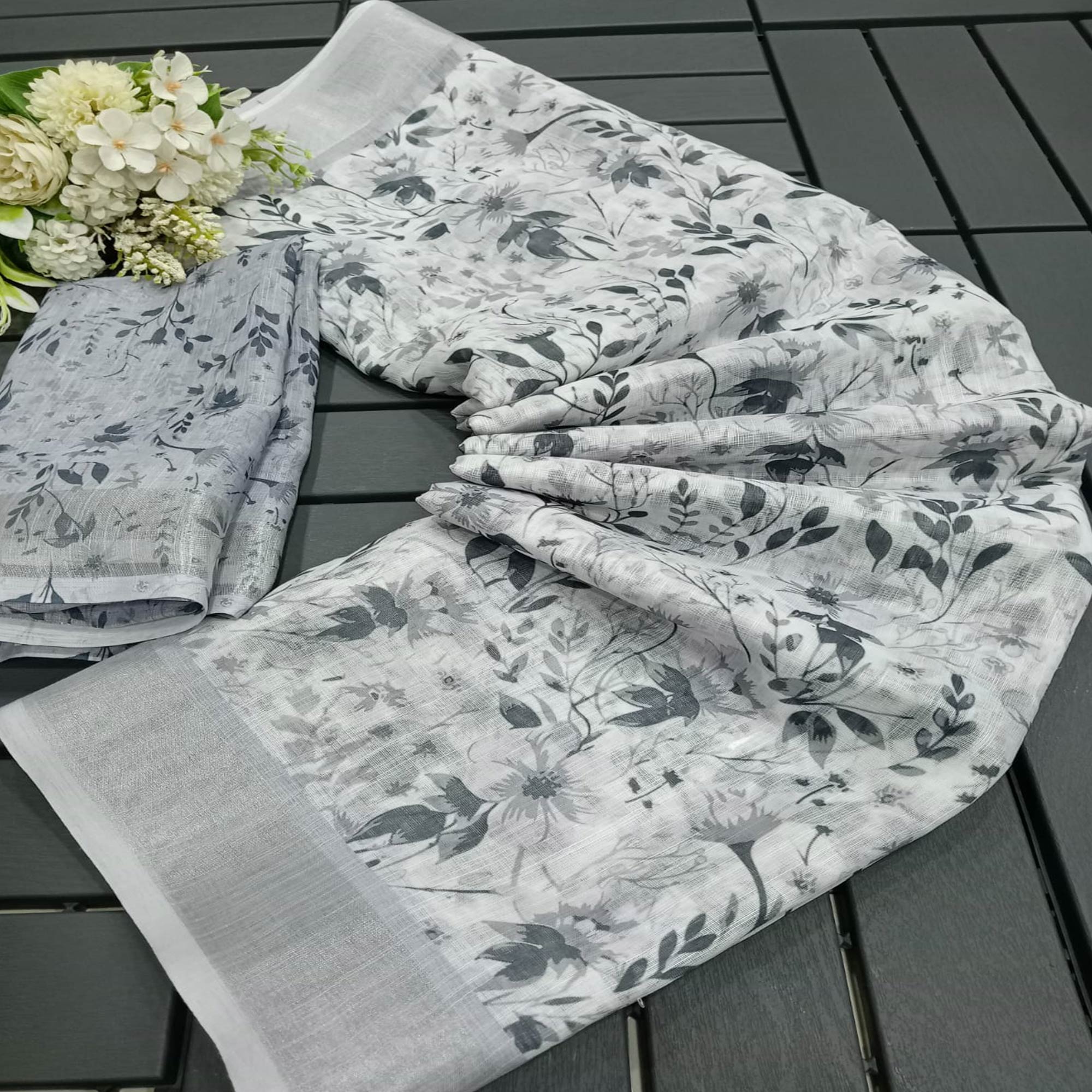 Light Grey Floral Digital Printed Linen Saree
