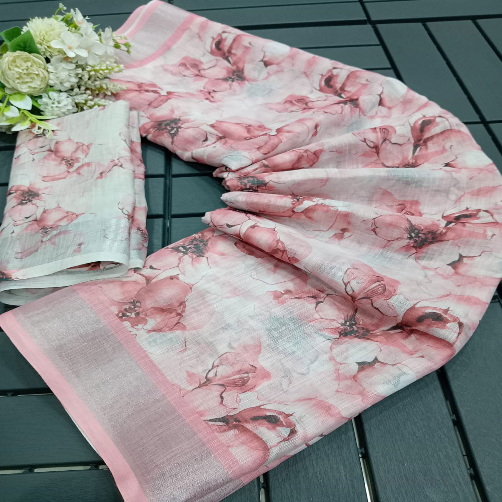 Peach Floral Digital Printed Linen Saree