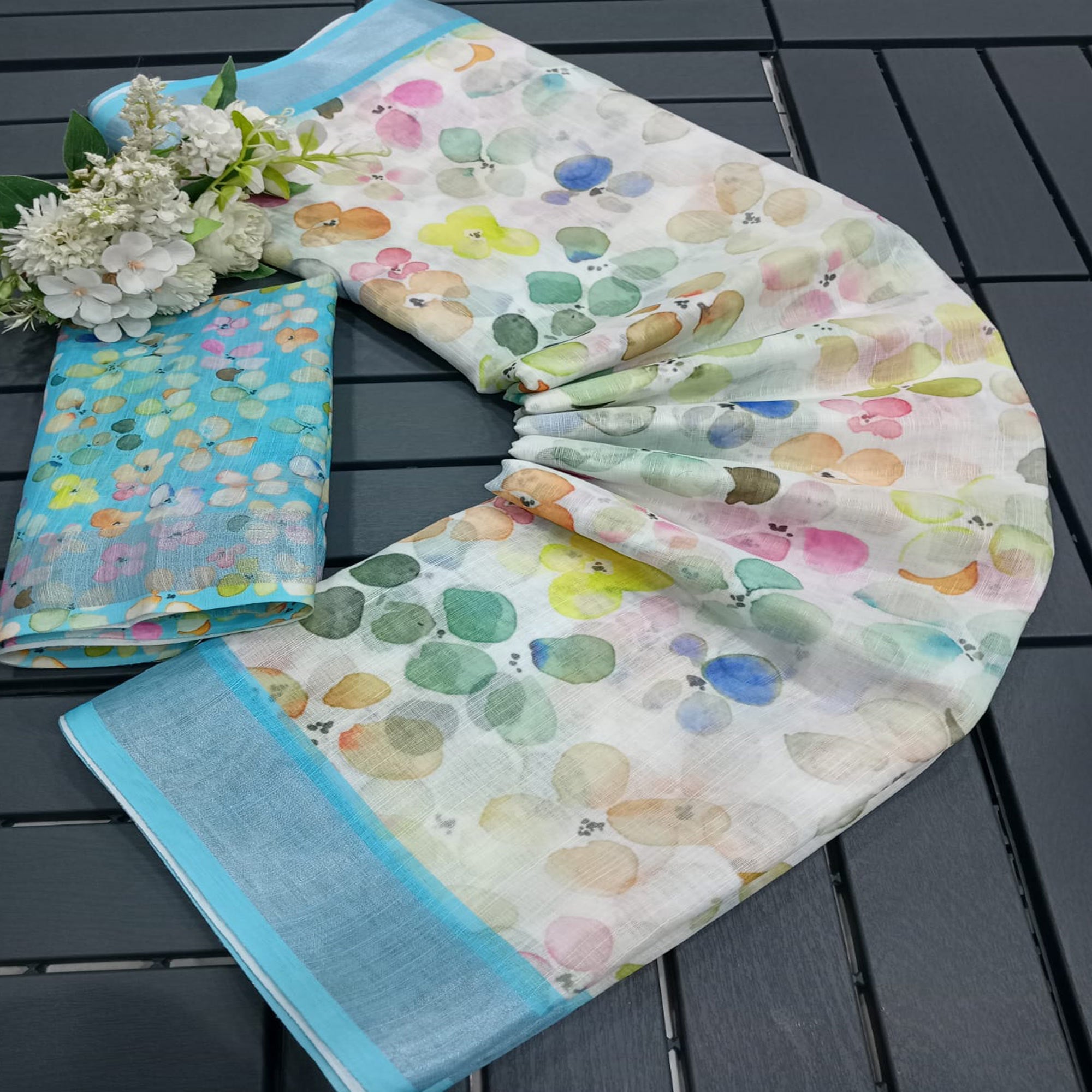 White & Blue Floral Digital Printed Linen Saree