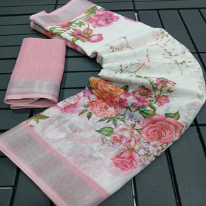 White & Pink Floral Digital Printed Linen Saree