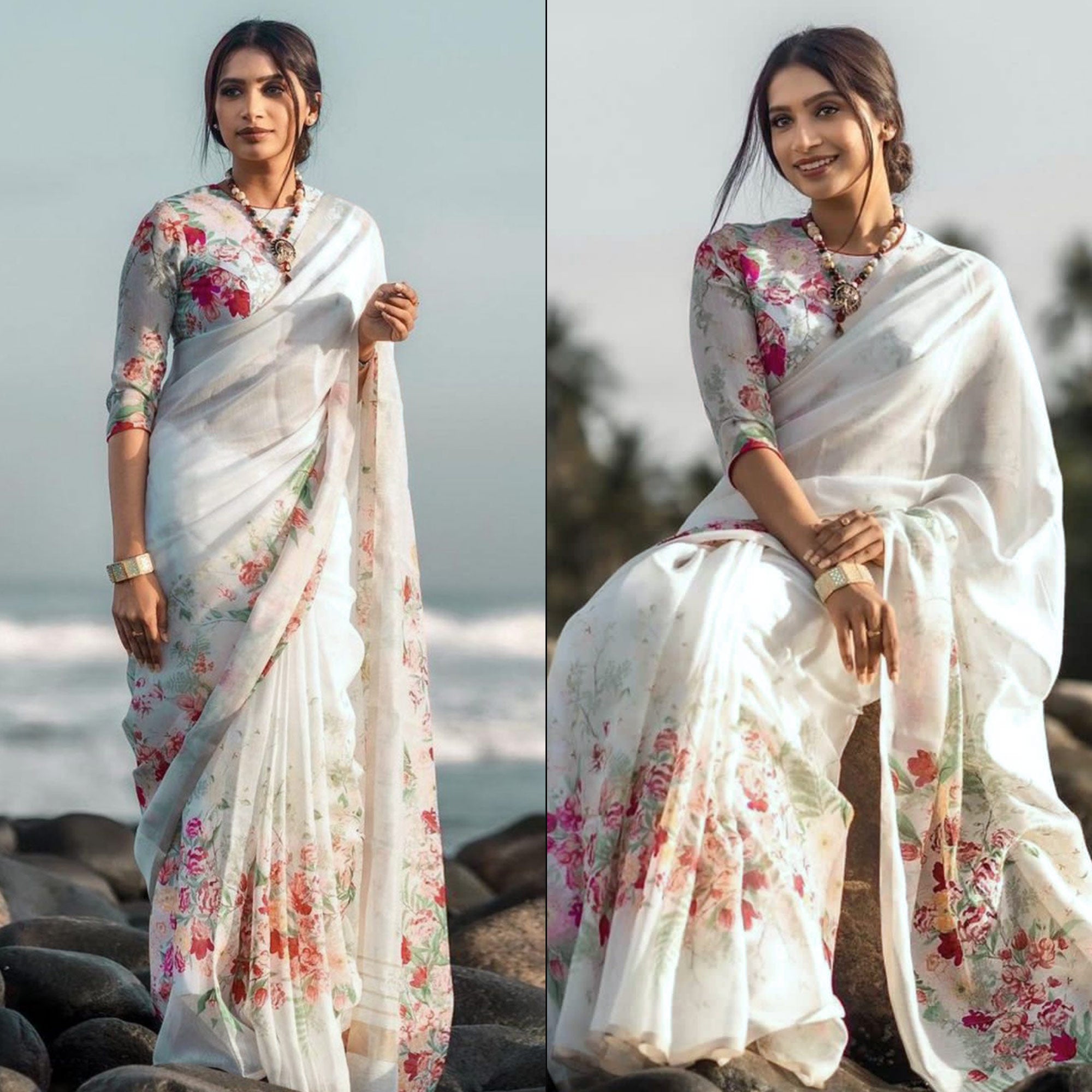 White Floral Digital Printed Linen Saree