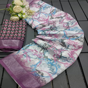 White & Purple Floral Printed Linen Saree