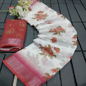 White & Red Floral Printed Linen Saree