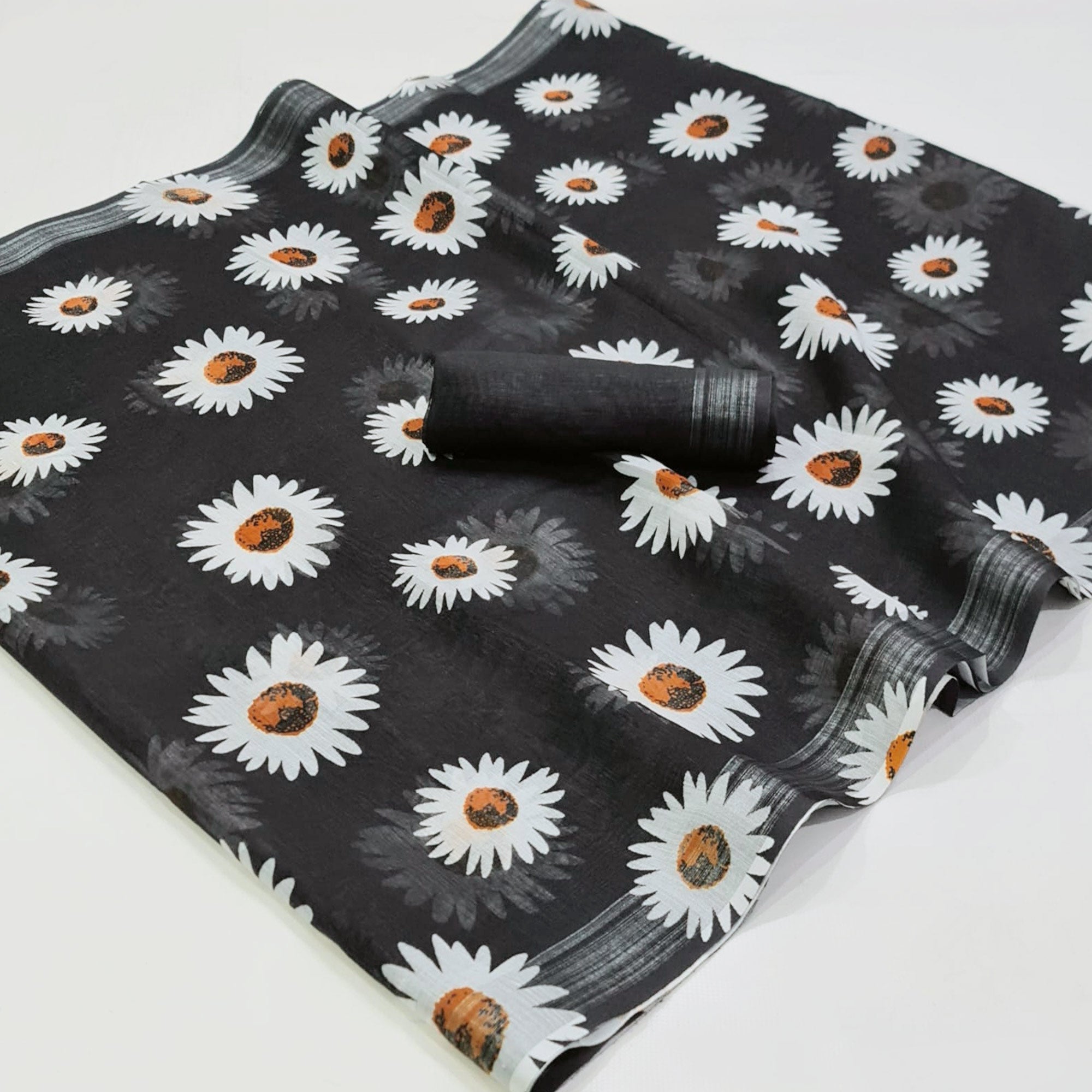 Black Floral Digital Printed Linen Saree