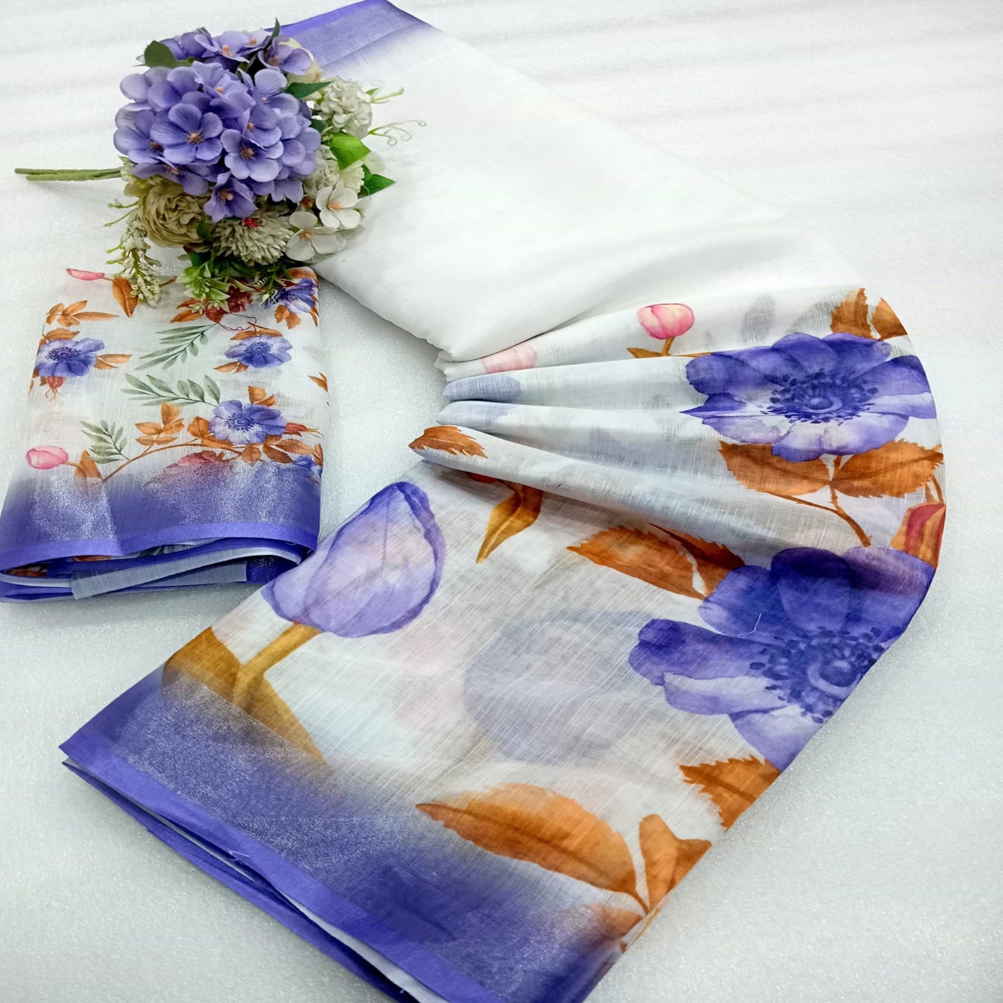 Lavender Floral Printed Linen Saree