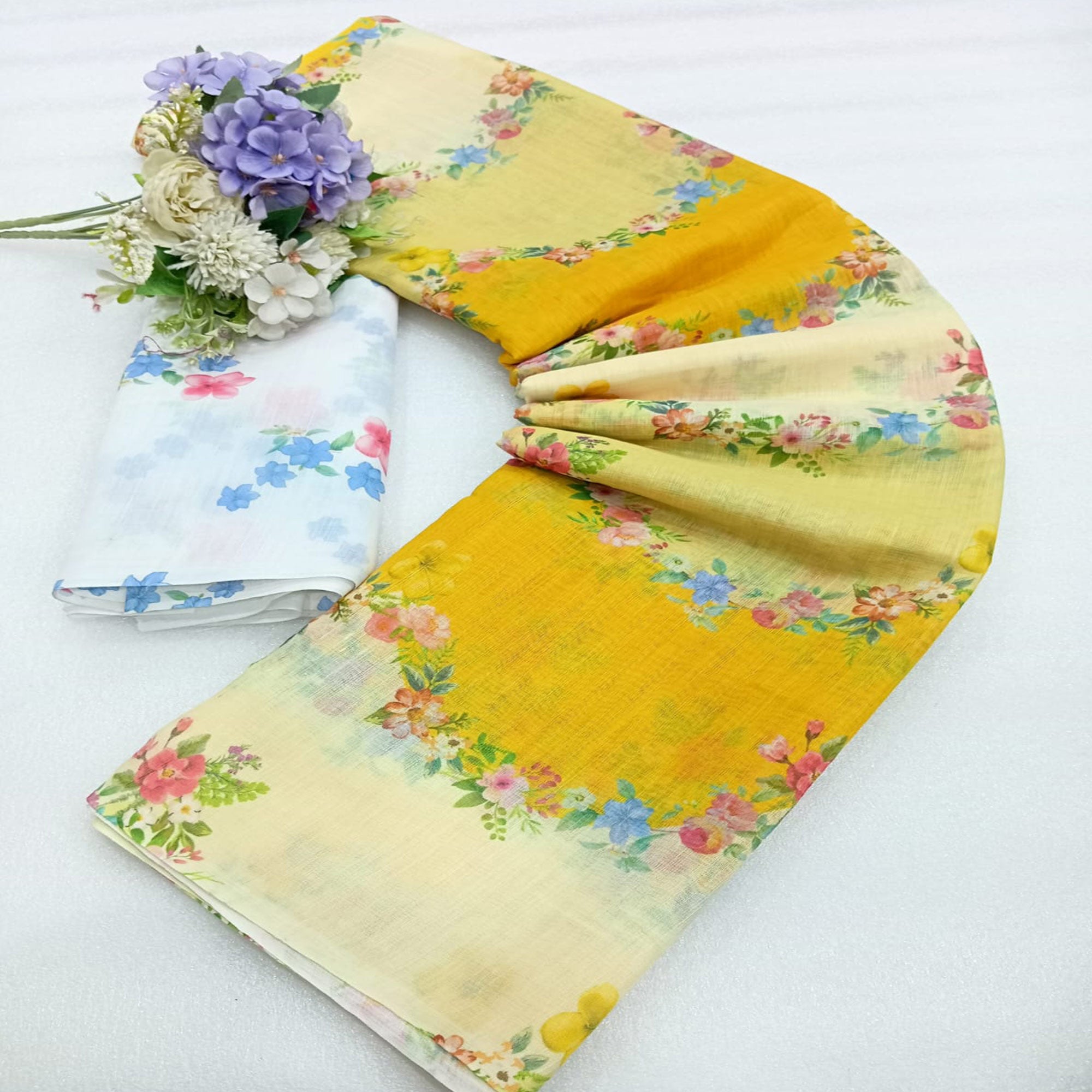 Yellow Floral Printed Linen Saree
