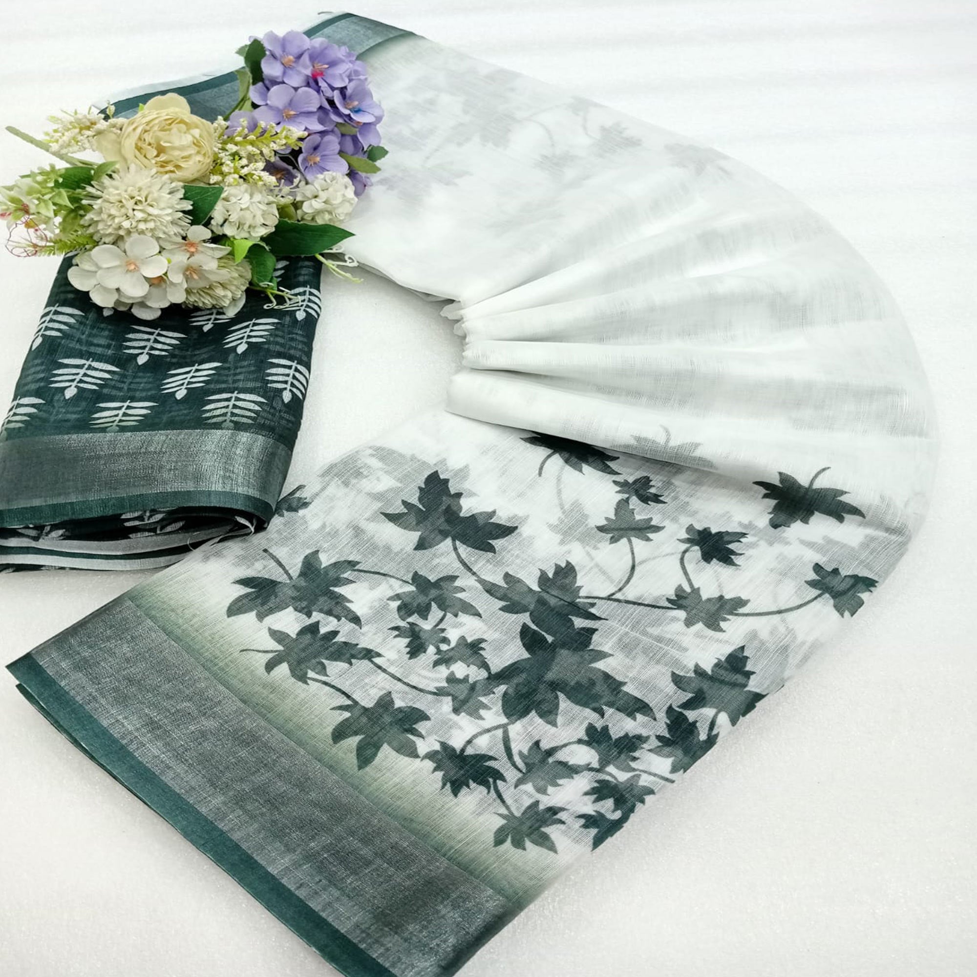 Green Floral Printed Linen Saree