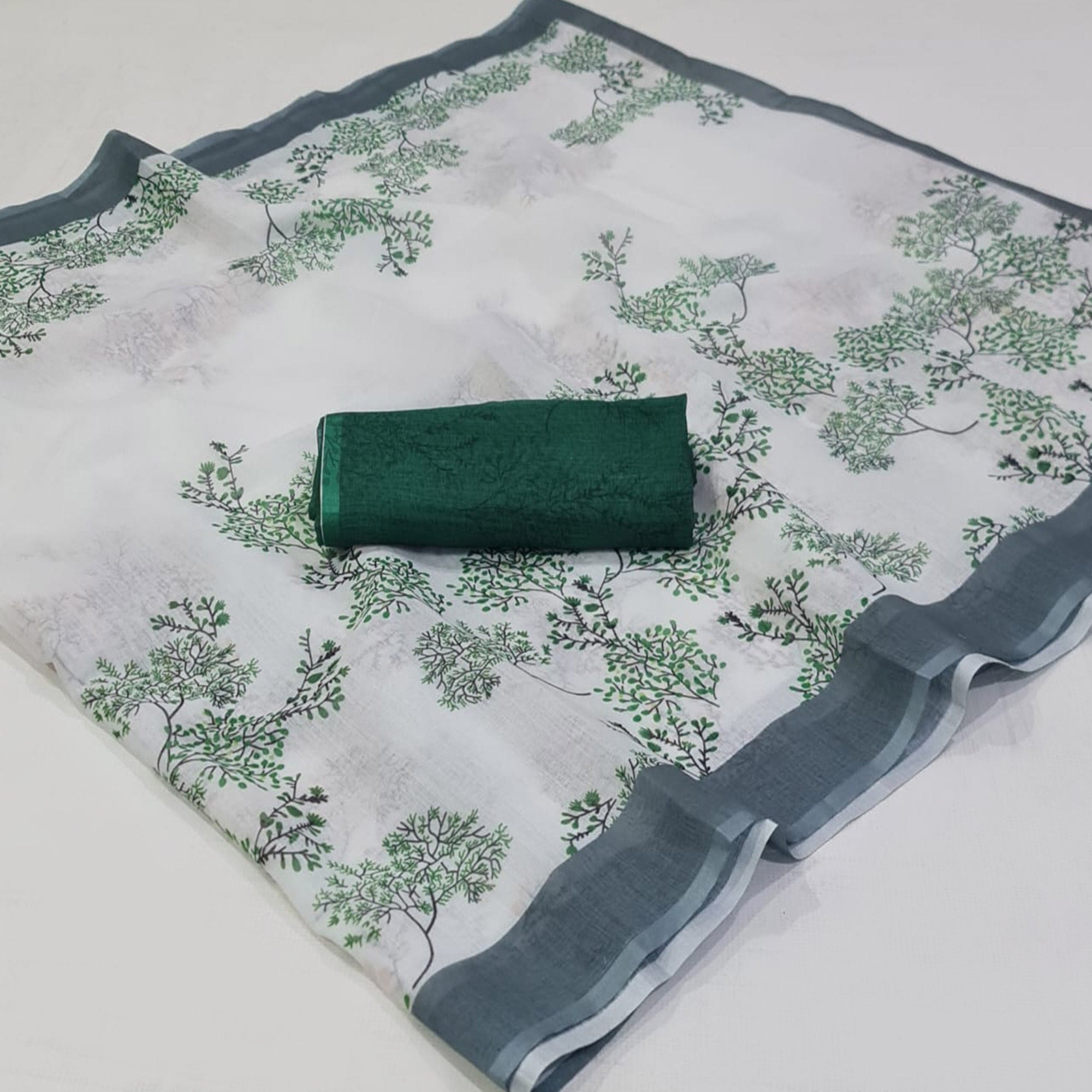 White & Green Floral Digital Printed Linen Saree with Zari Border