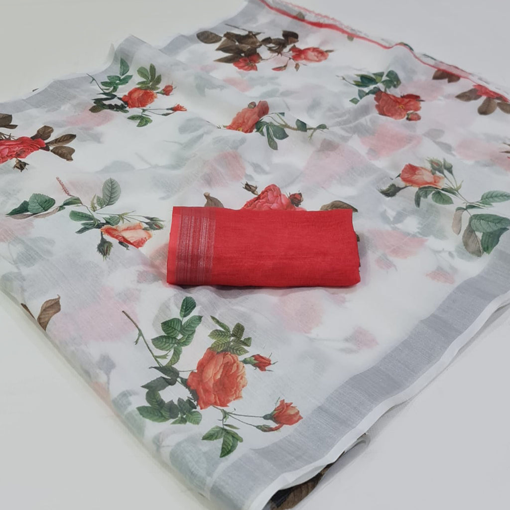 Ready-to-Wear Linen Saree with Zari Border & Printed Design | 1 Minute Saree(HRTW06)