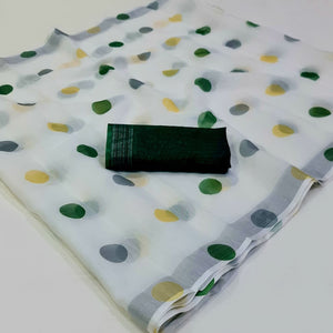White & Green Digital Printed Linen Saree with Zari Border