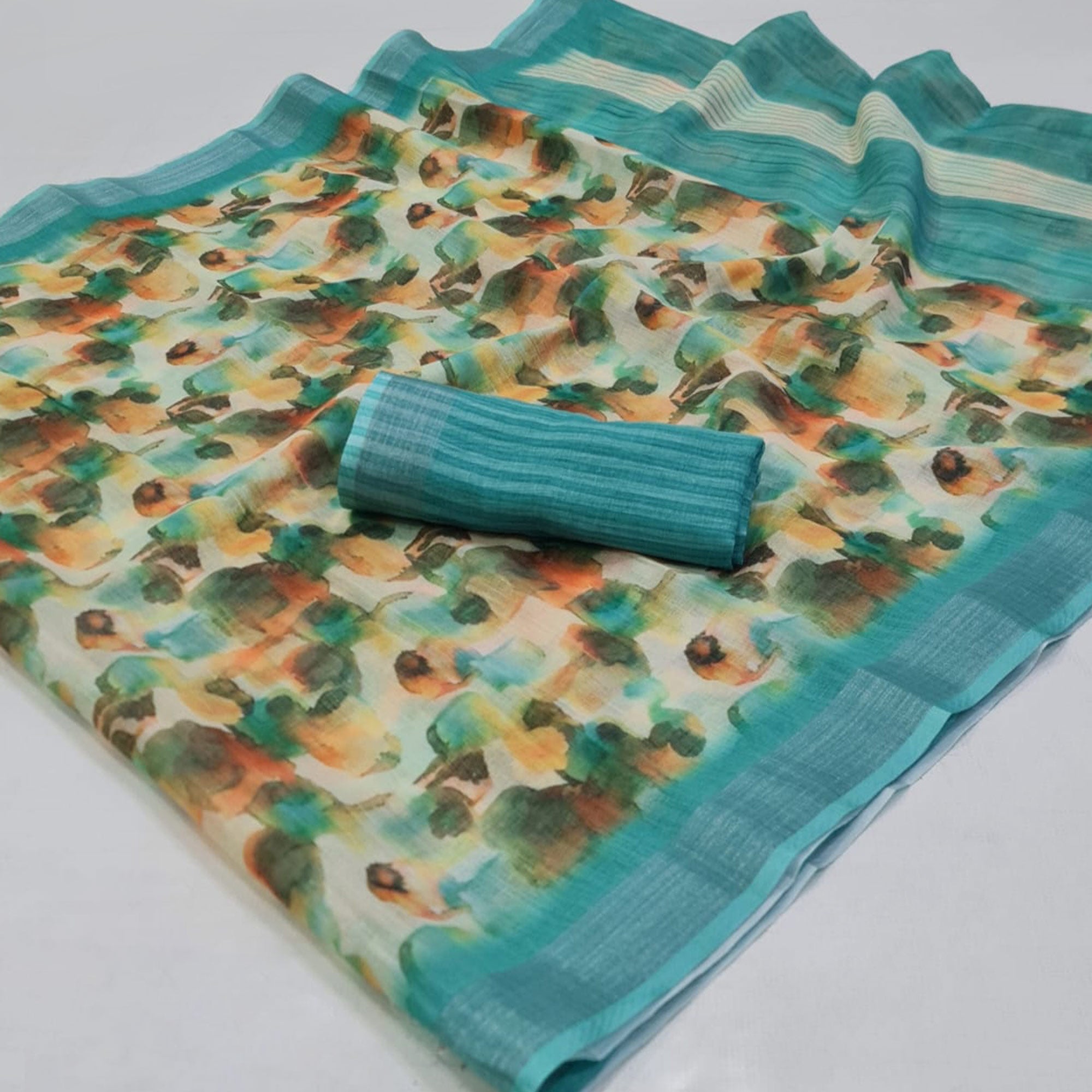 Green Abstract Digital Printed Linen Saree with Zari Border