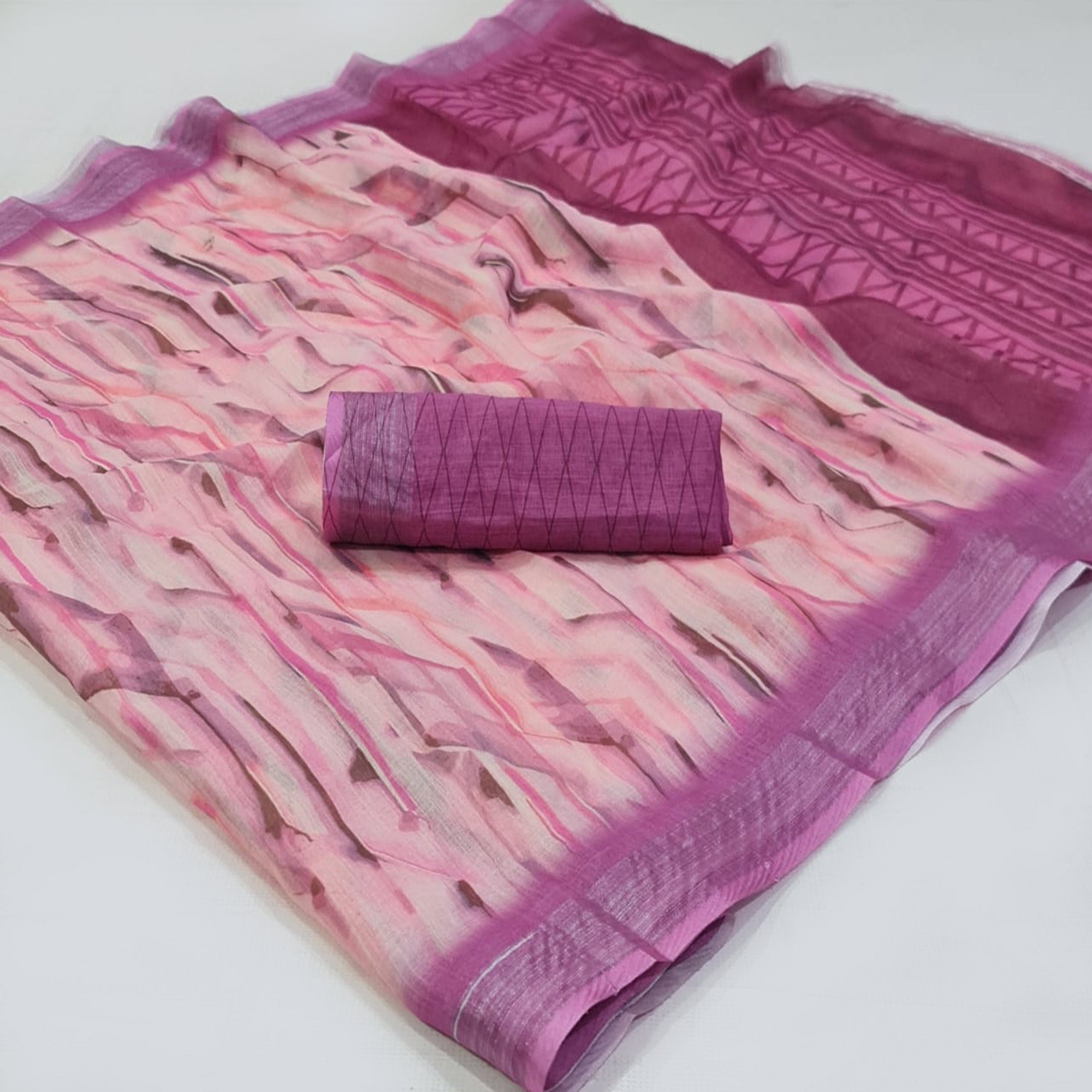 Magenta Abstract Digital Printed Linen Saree with Zari Border