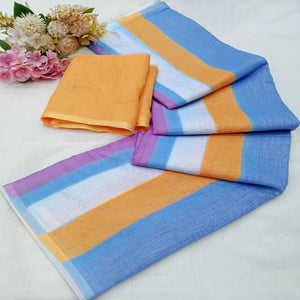 Multicolor Striped Printed Linen Saree