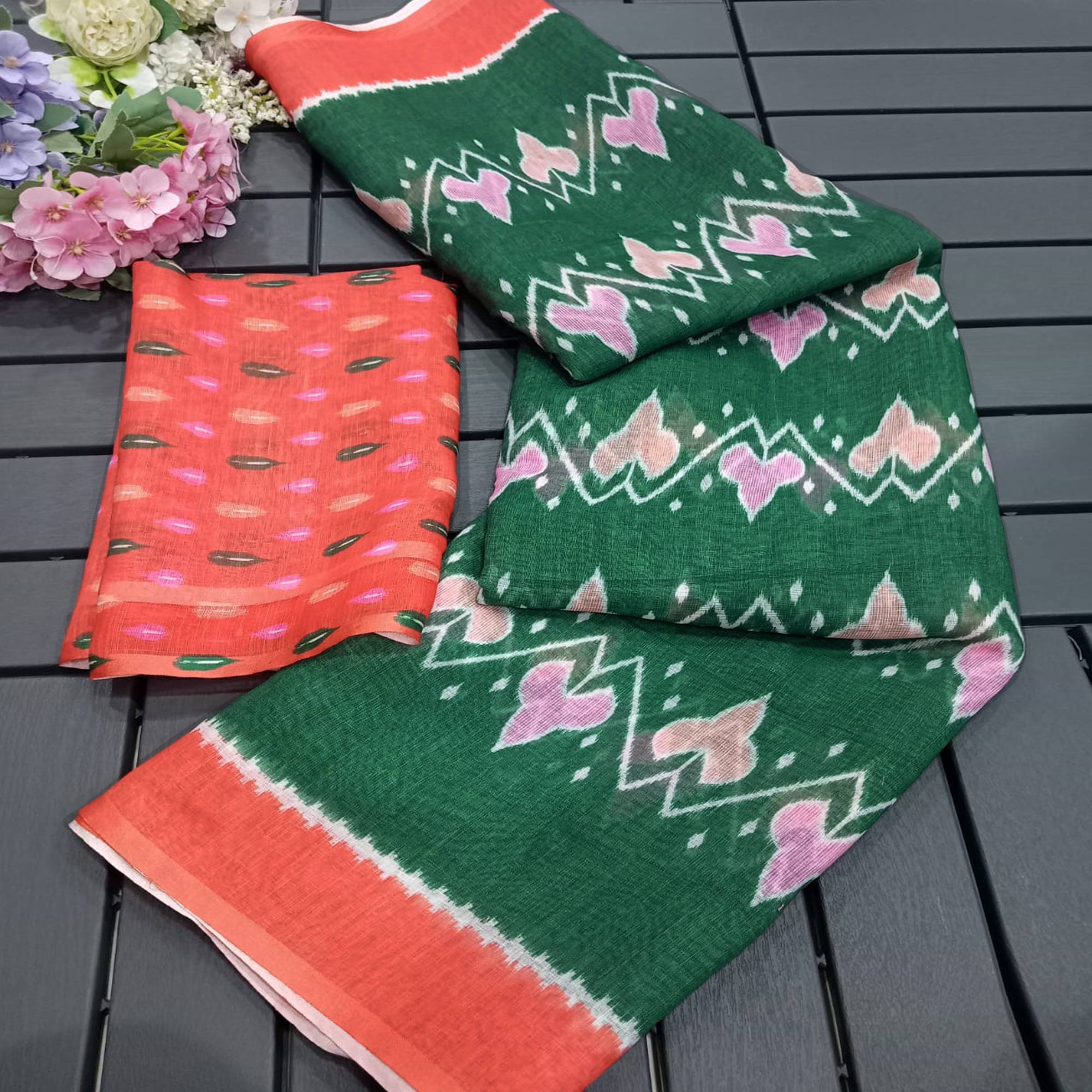 Green Ikkat Printed Linen Saree