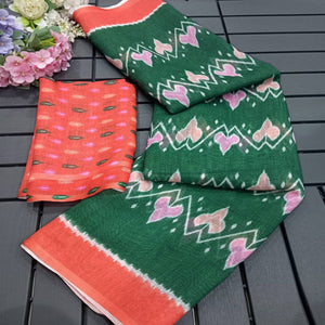 Green Ikkat Printed Linen Saree