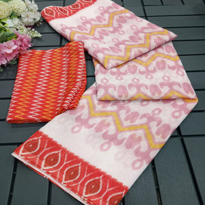 White Ikkat Printed Linen Saree