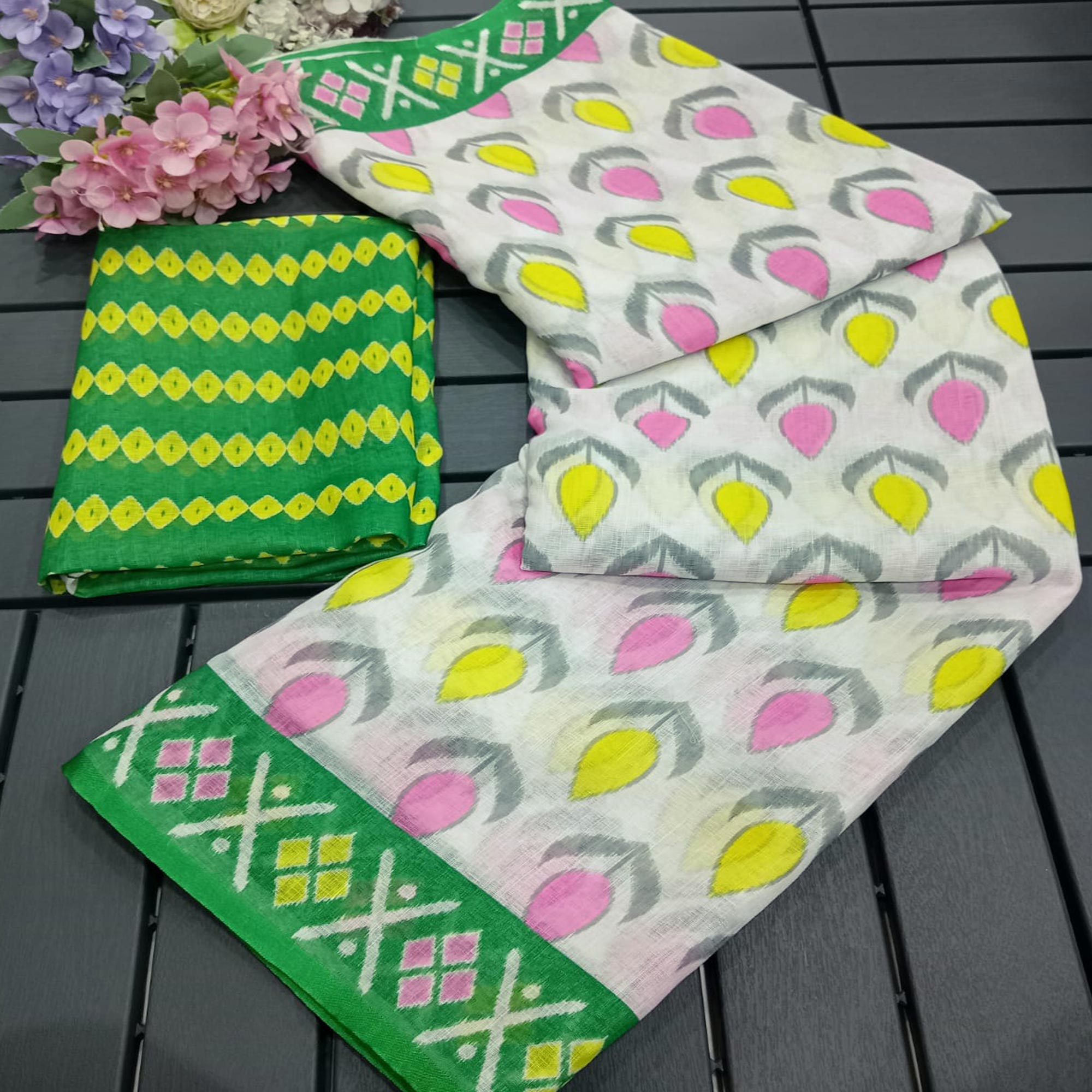 White Ikkat Printed Linen Saree