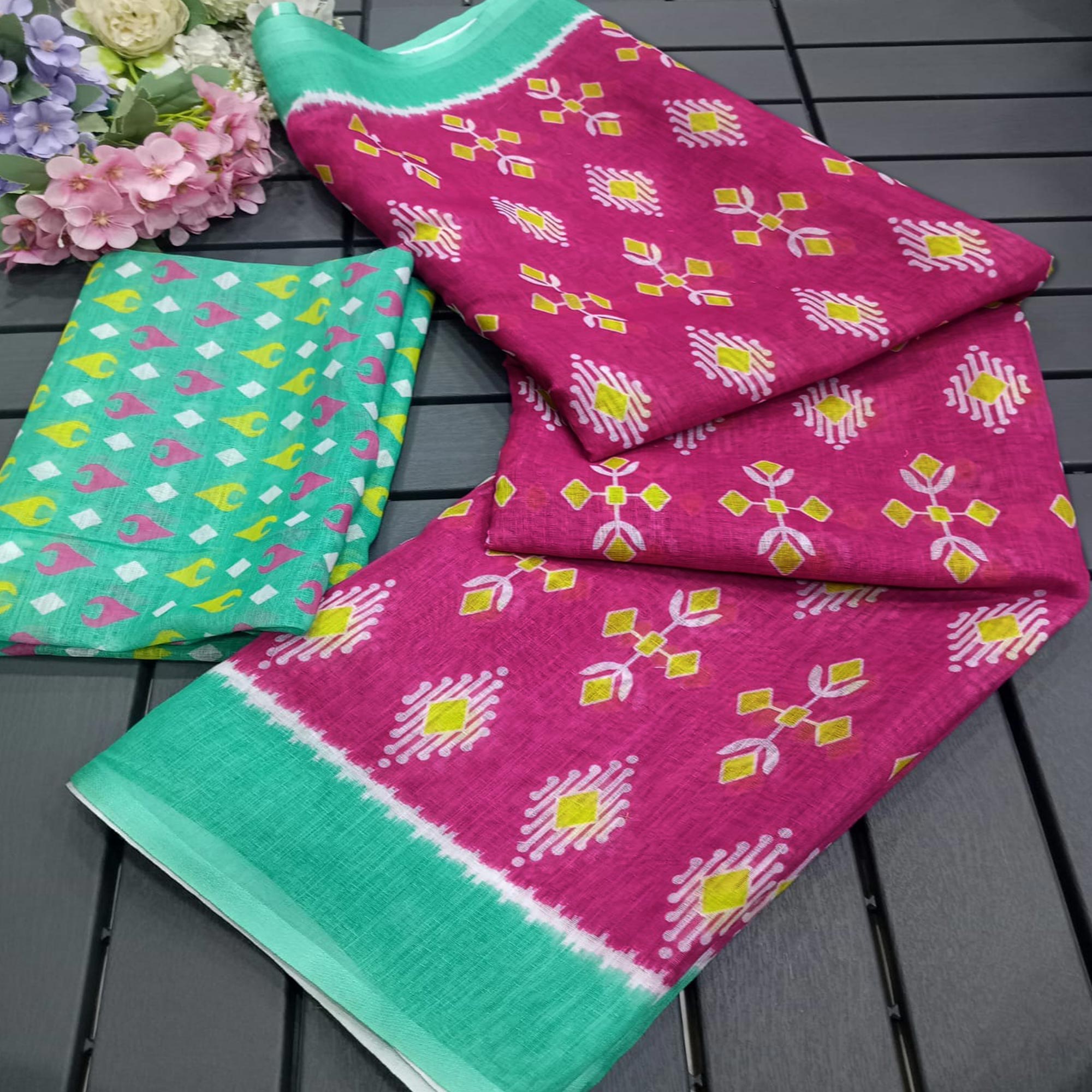 Pink Ikkat Printed Linen Saree