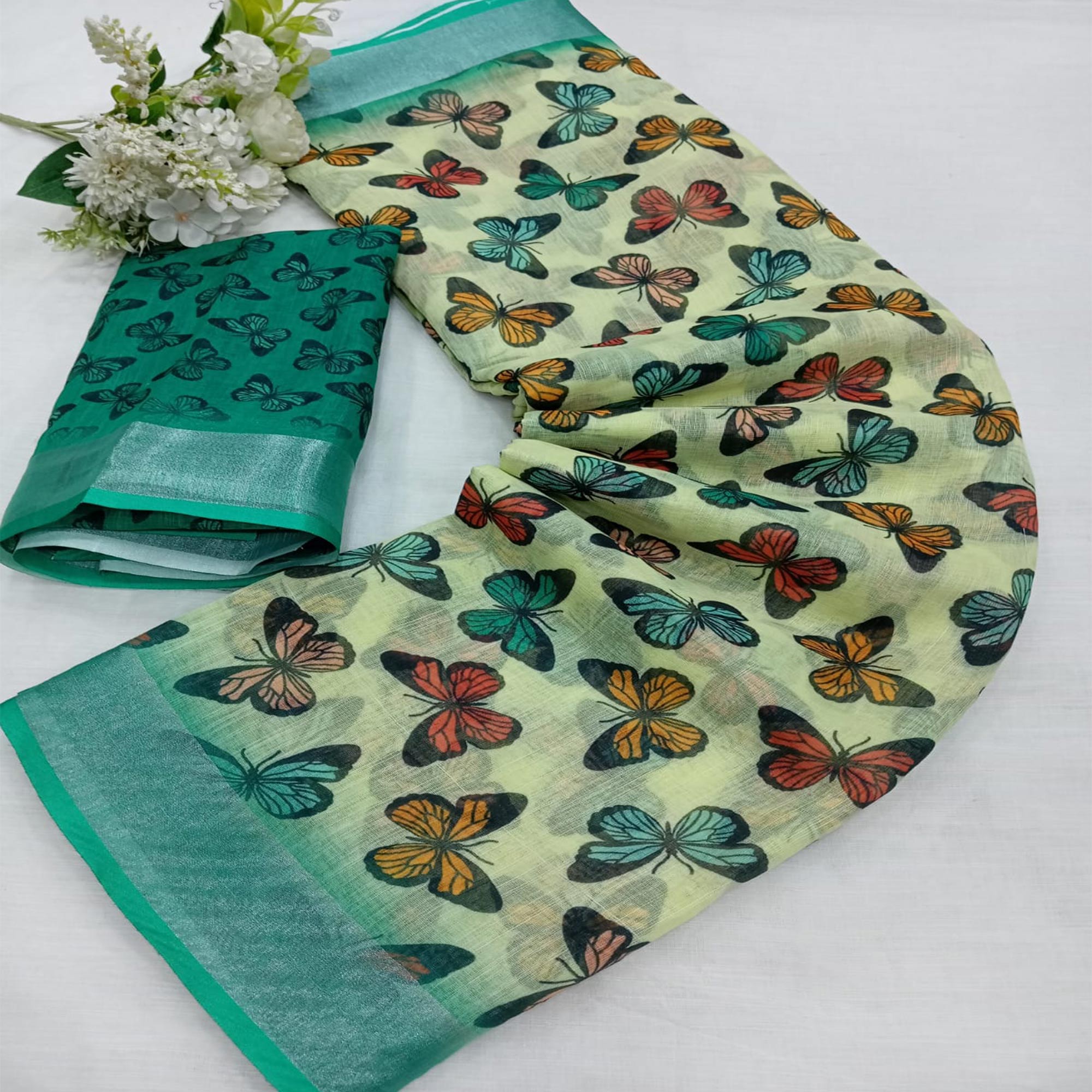 Yellow Digital Printed Linen Saree