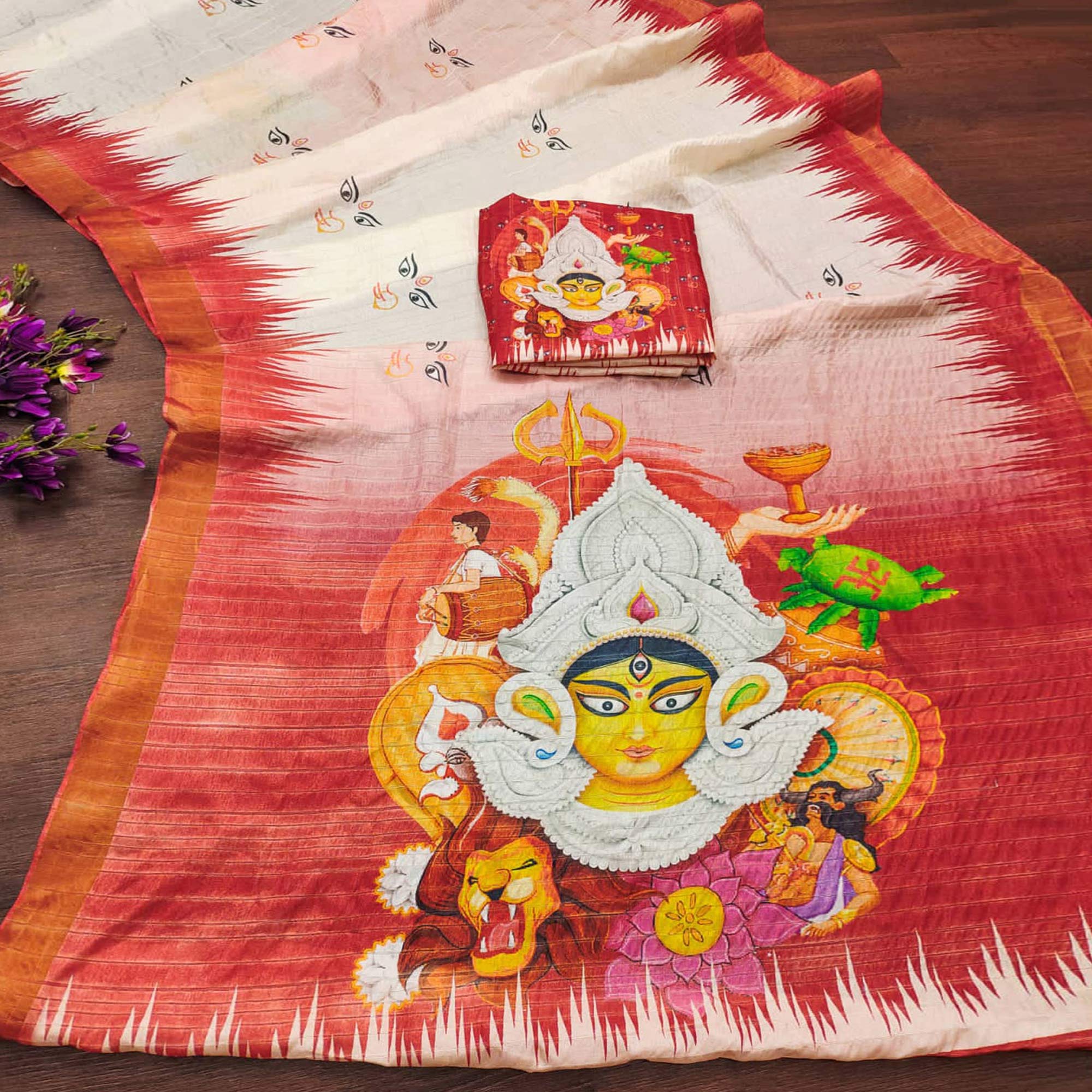 White & Red Goddest Printed Linen Saree