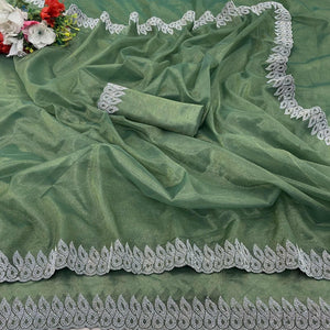 Green Stone Work Embroidered Twill Gold Net Saree