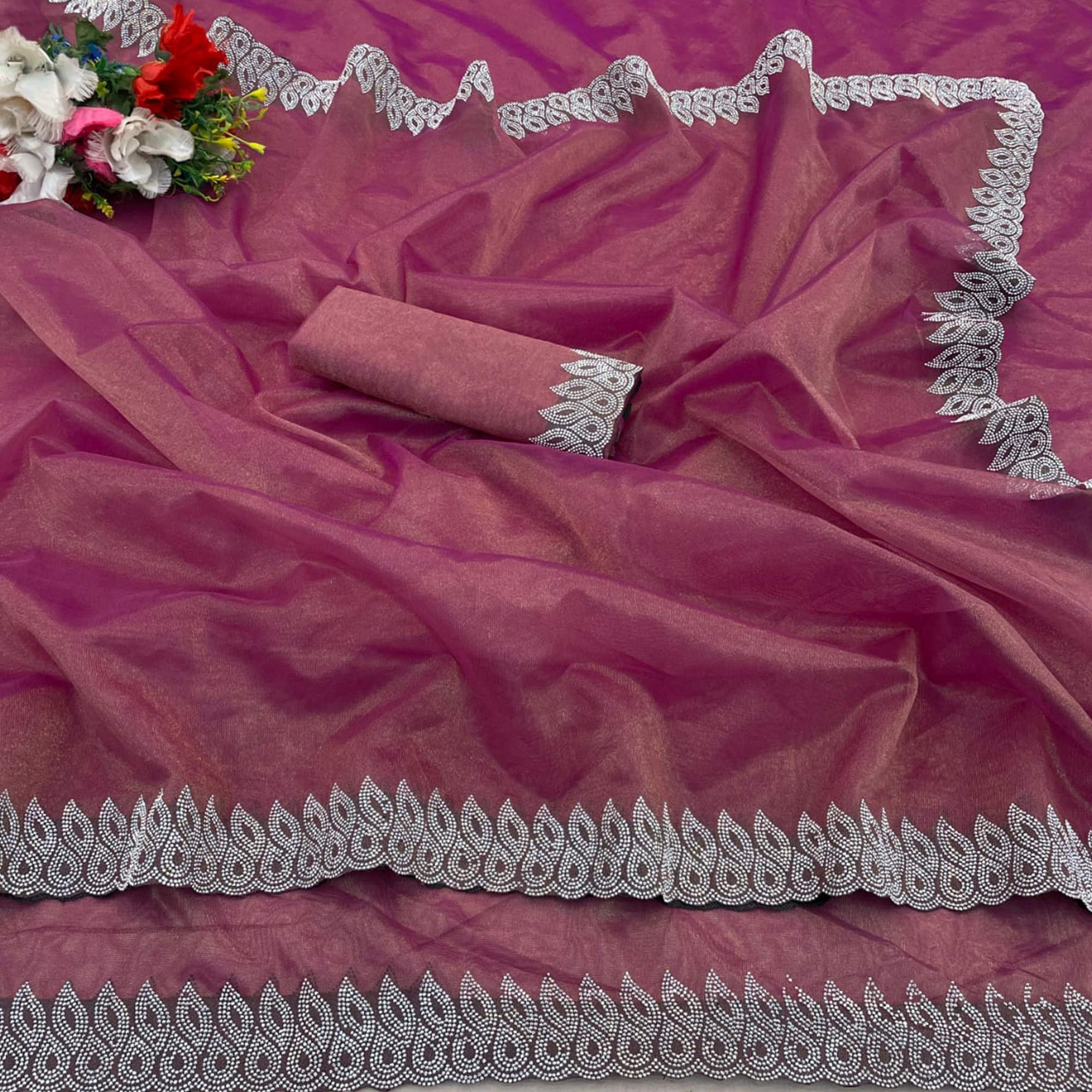 Pink Stone Work Embroidered Twill Gold Net Saree
