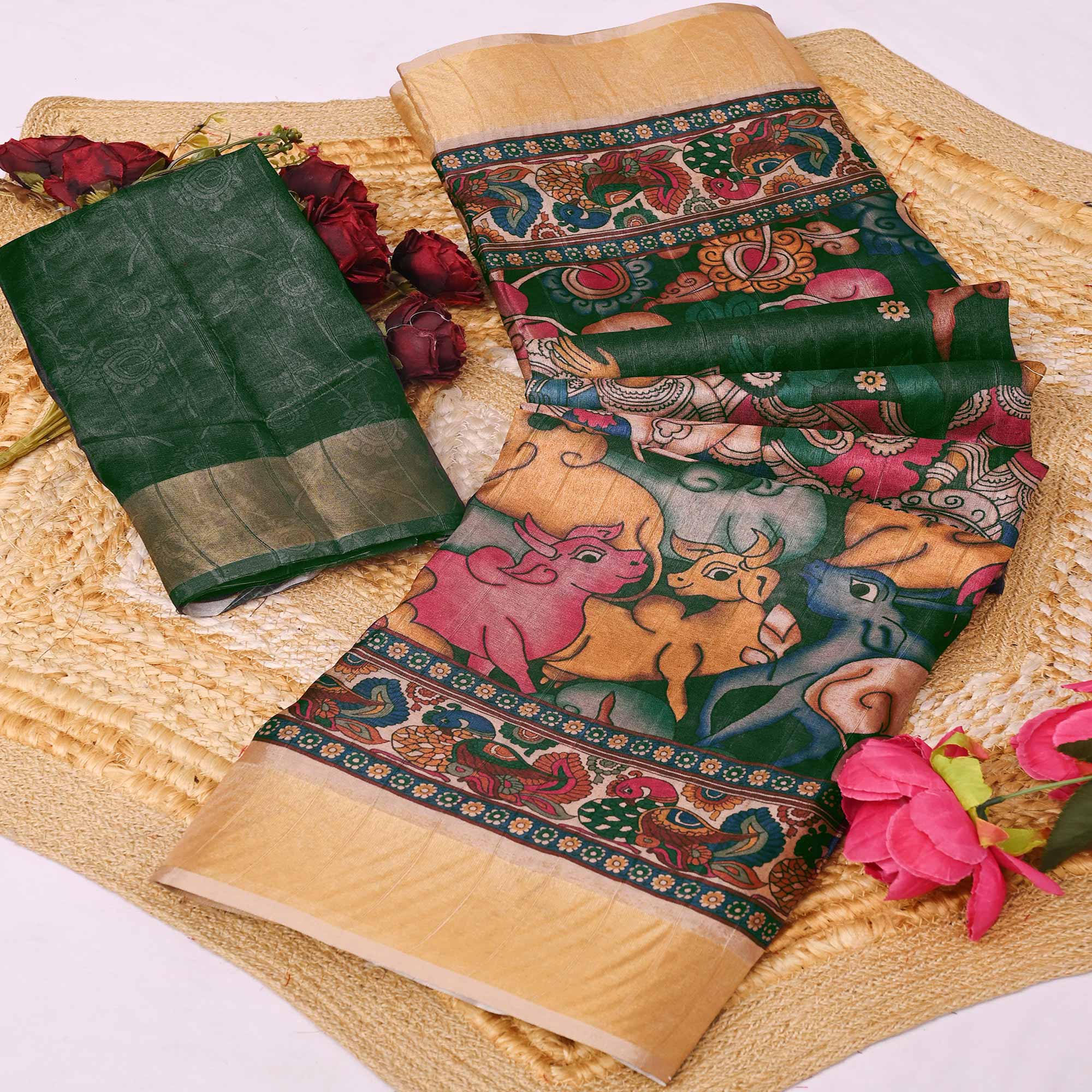 Green Printed Dola Silk Saree Adorned with Intricate Jacquard Border