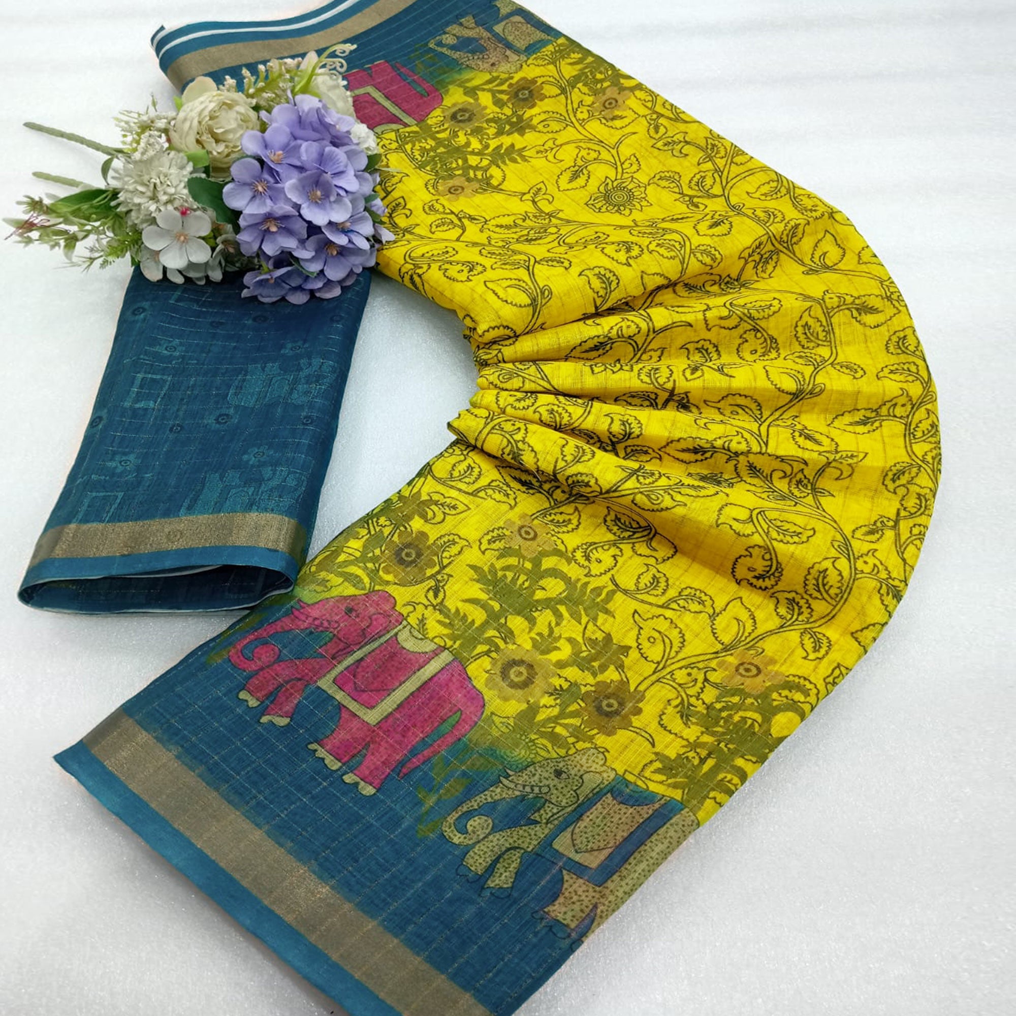 Green Checks Zari Woven With Printed Linen Saree