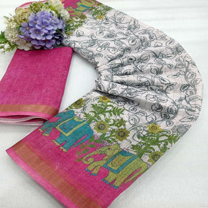 White Checks Zari Woven With Printed Linen Saree