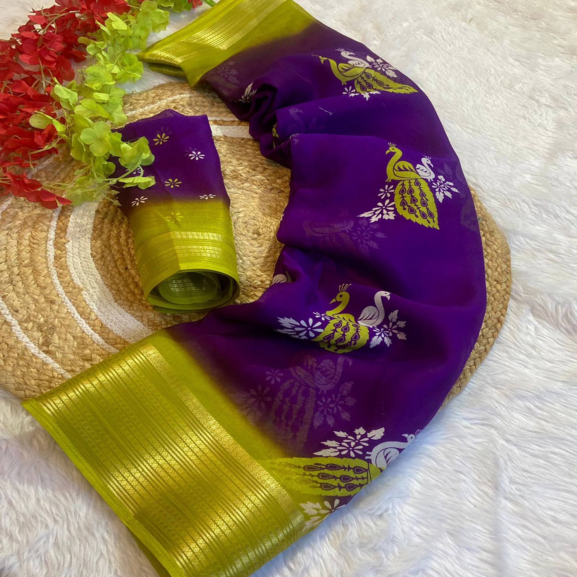 Purple Floral Printed Chiffon Saree