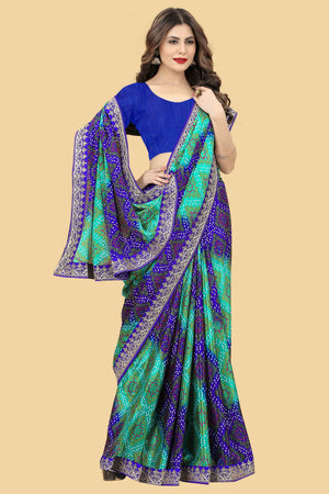 Blue & Turquoise Bandhani Printed Chinon Saree