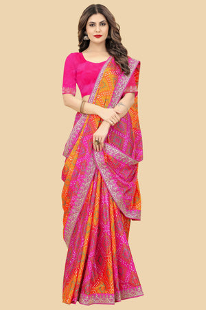 Pink & Orange Bandhani Printed Chinon Saree