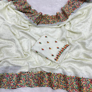 White Embroidered With Stonework Vichitra Silk Saree