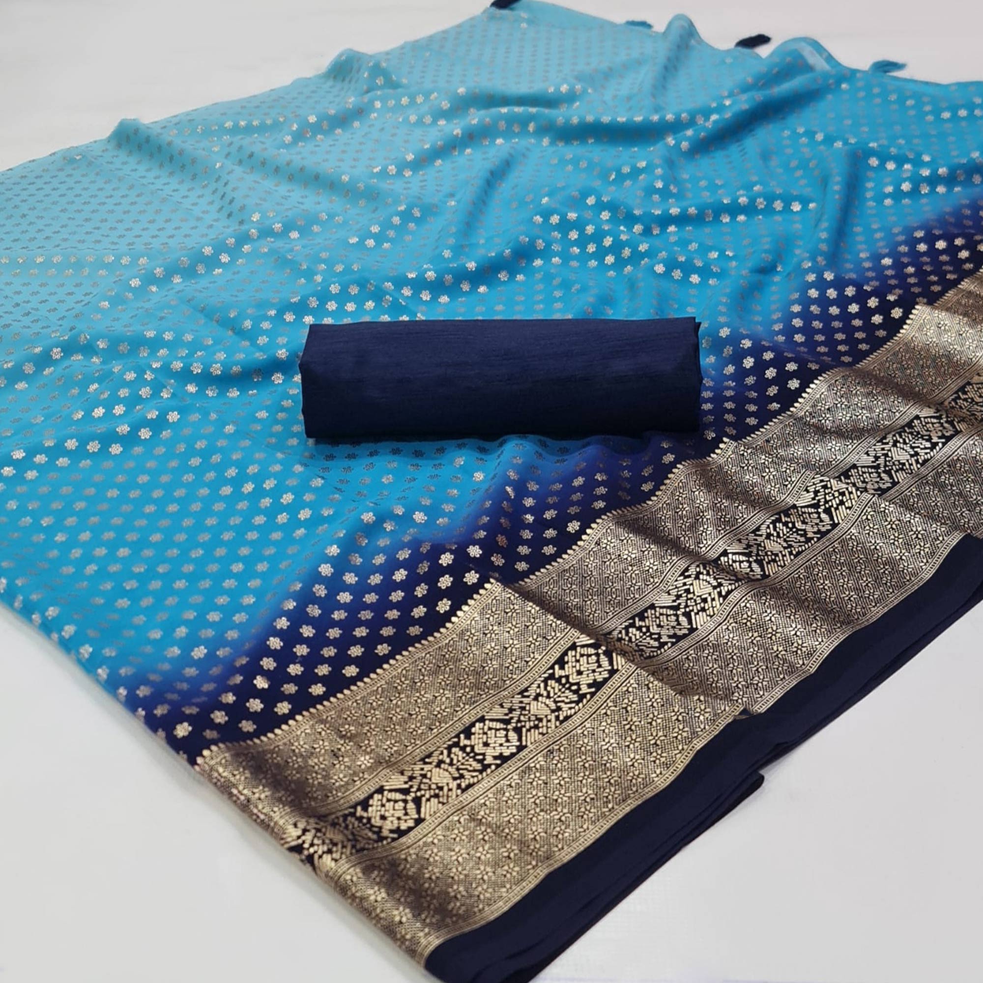Blue Floral Foil Printed Georgette Saree