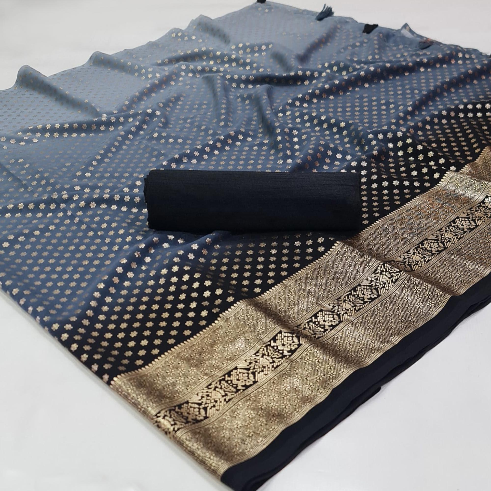 Grey Floral Foil Printed Georgette Saree