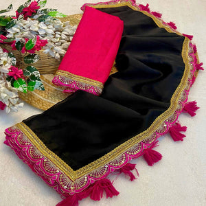 Black Solid With Sequins Embroidered Moss Chiffon Saree