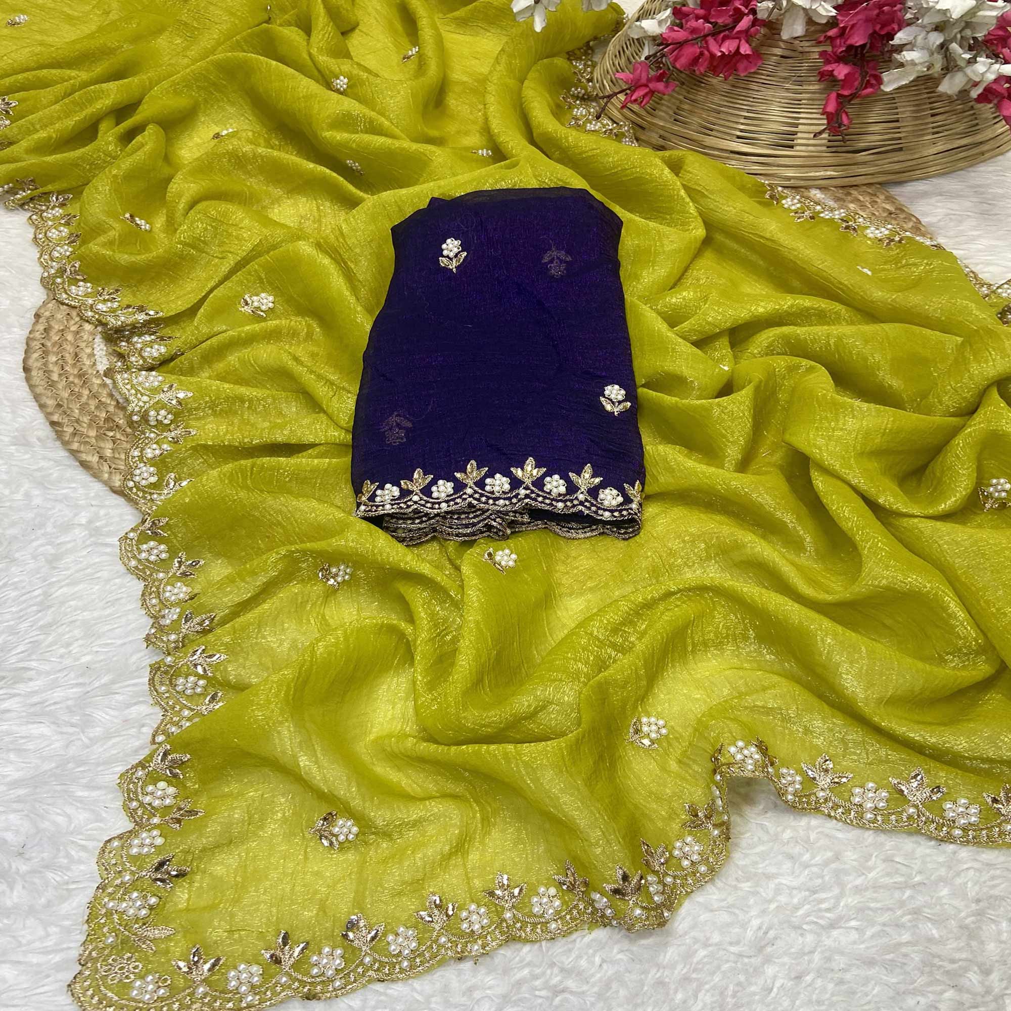 Lime Green Crunchy Chiffon Saree with Elegant Embroidery and Pearl Embellishments