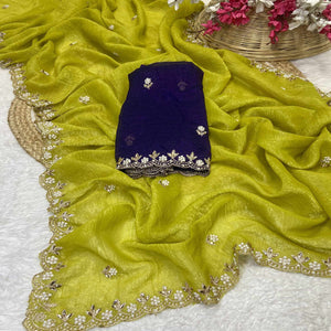 Lime Green Crunchy Chiffon Saree with Elegant Embroidery and Pearl Embellishments