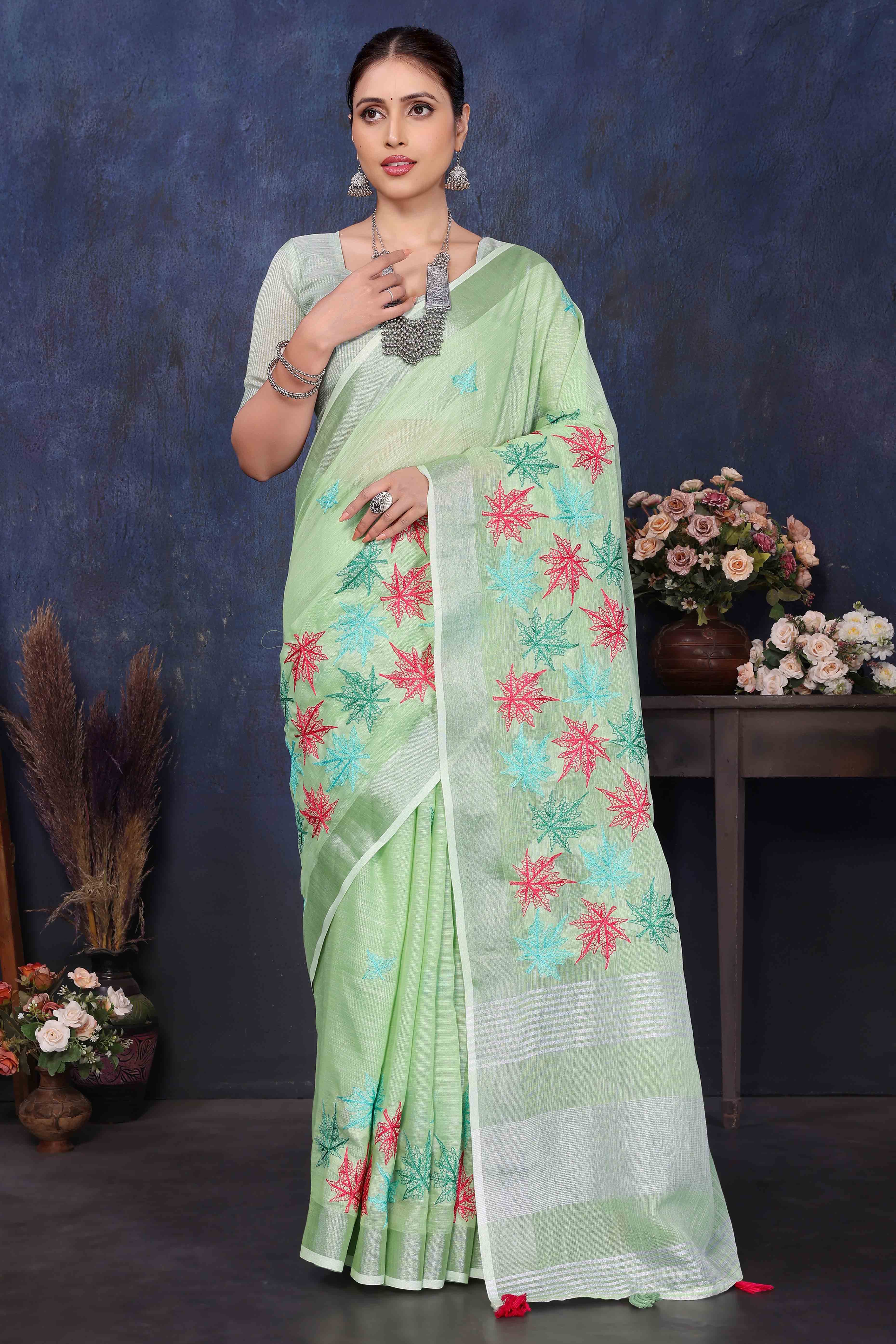 Green Floral Embroidered Cotton Silk Saree
