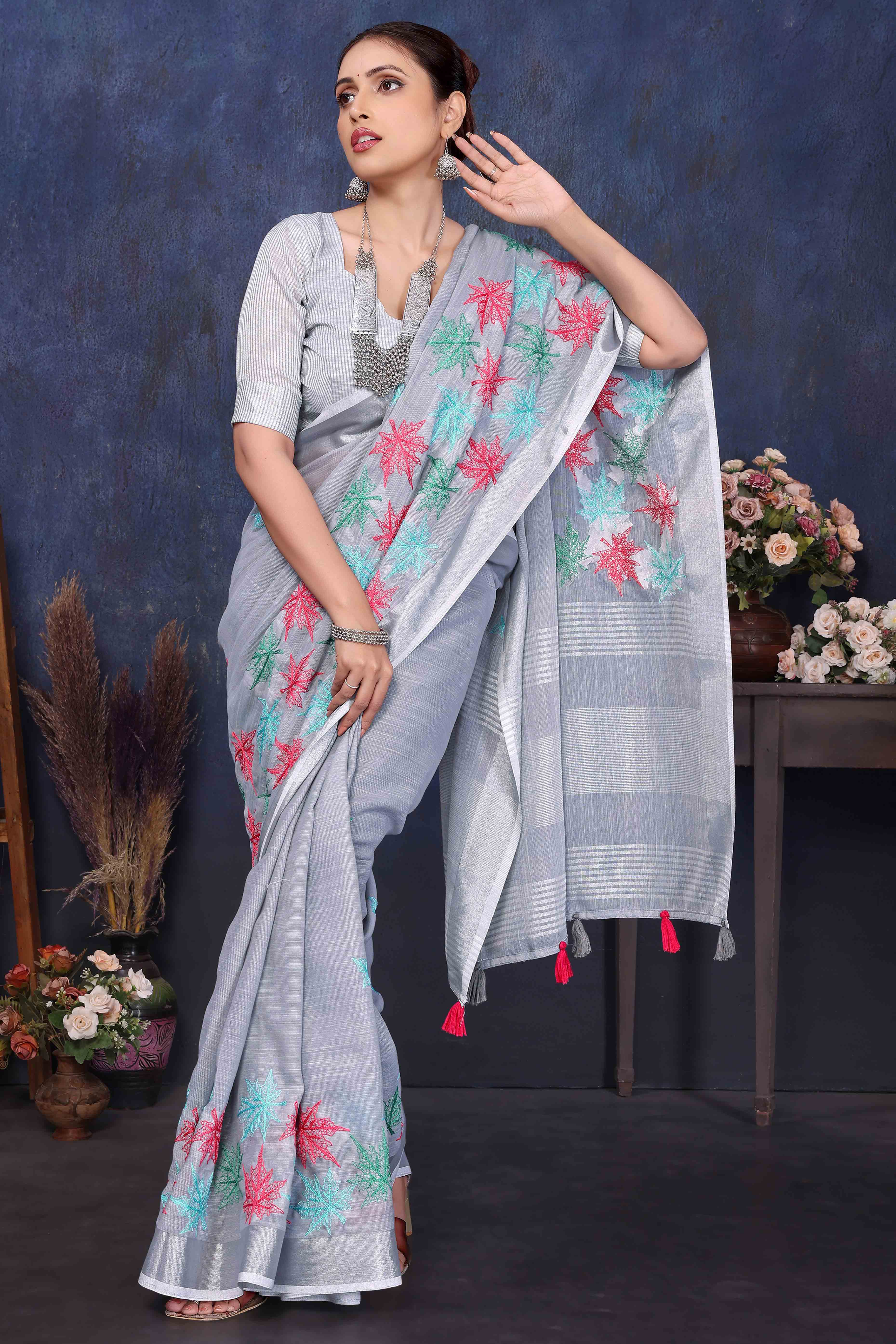 Grey Floral Embroidered Cotton Silk Saree