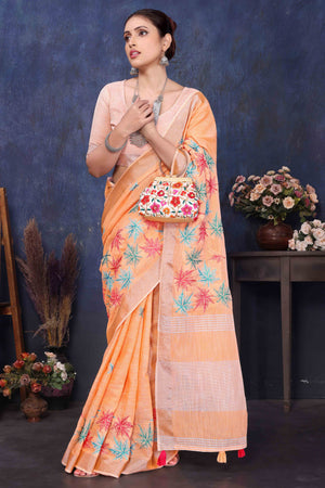 Orange Floral Embroidered Cotton Silk Saree