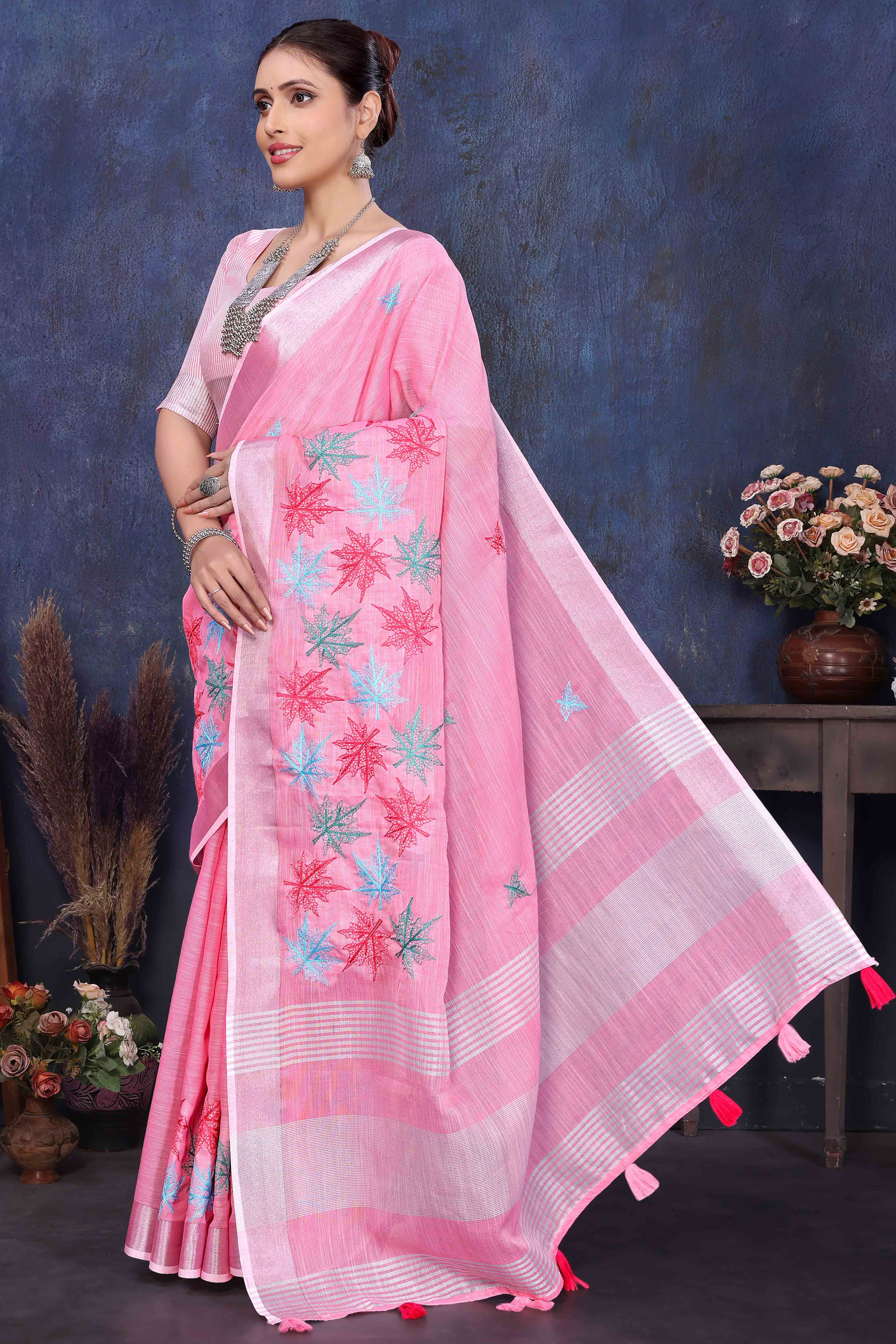 Pink Floral Embroidered Cotton Silk Saree
