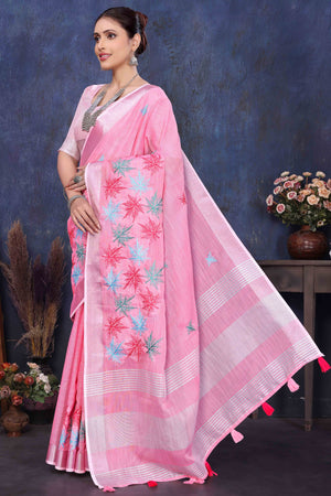 Pink Floral Embroidered Cotton Silk Saree
