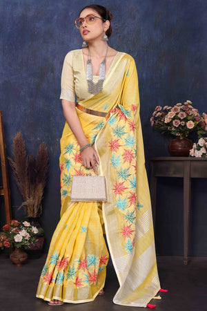 Yellow Floral Embroidered Cotton Silk Saree