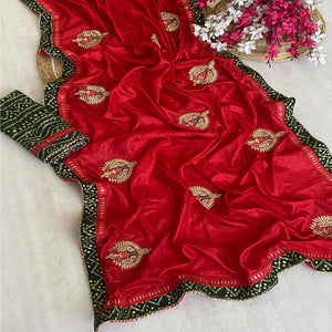 Red Zari Embroidered Vichitra Silk Saree