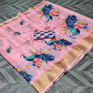 Pink Floral Elegance Dola Silk Saree with Artistic Print With Zari Border