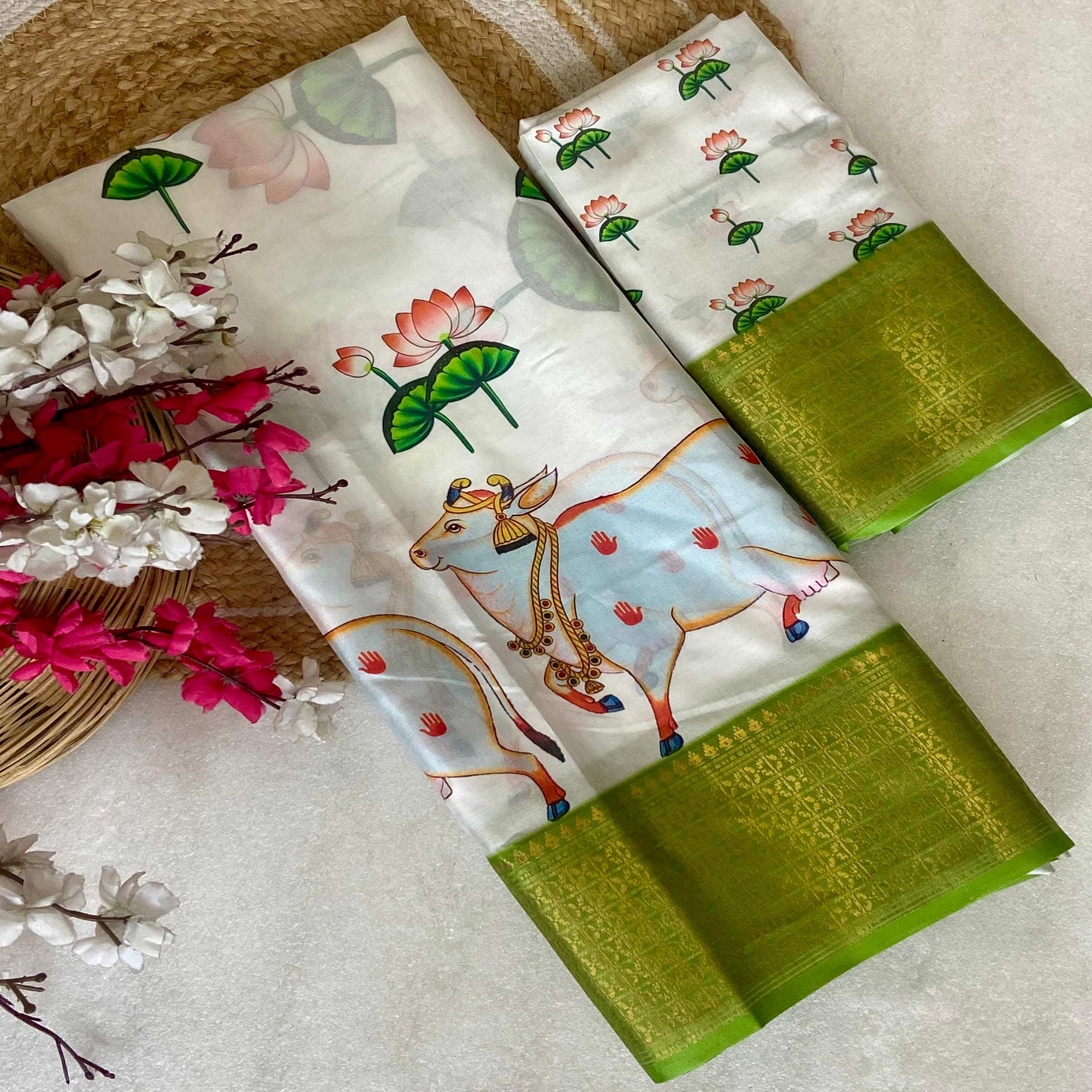 White Floral Printed Doal Silk Saree With Woven Broder
