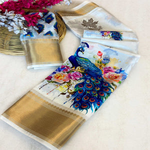 White & Blue Floral Printed Dola Silk Saree With Woven Broder