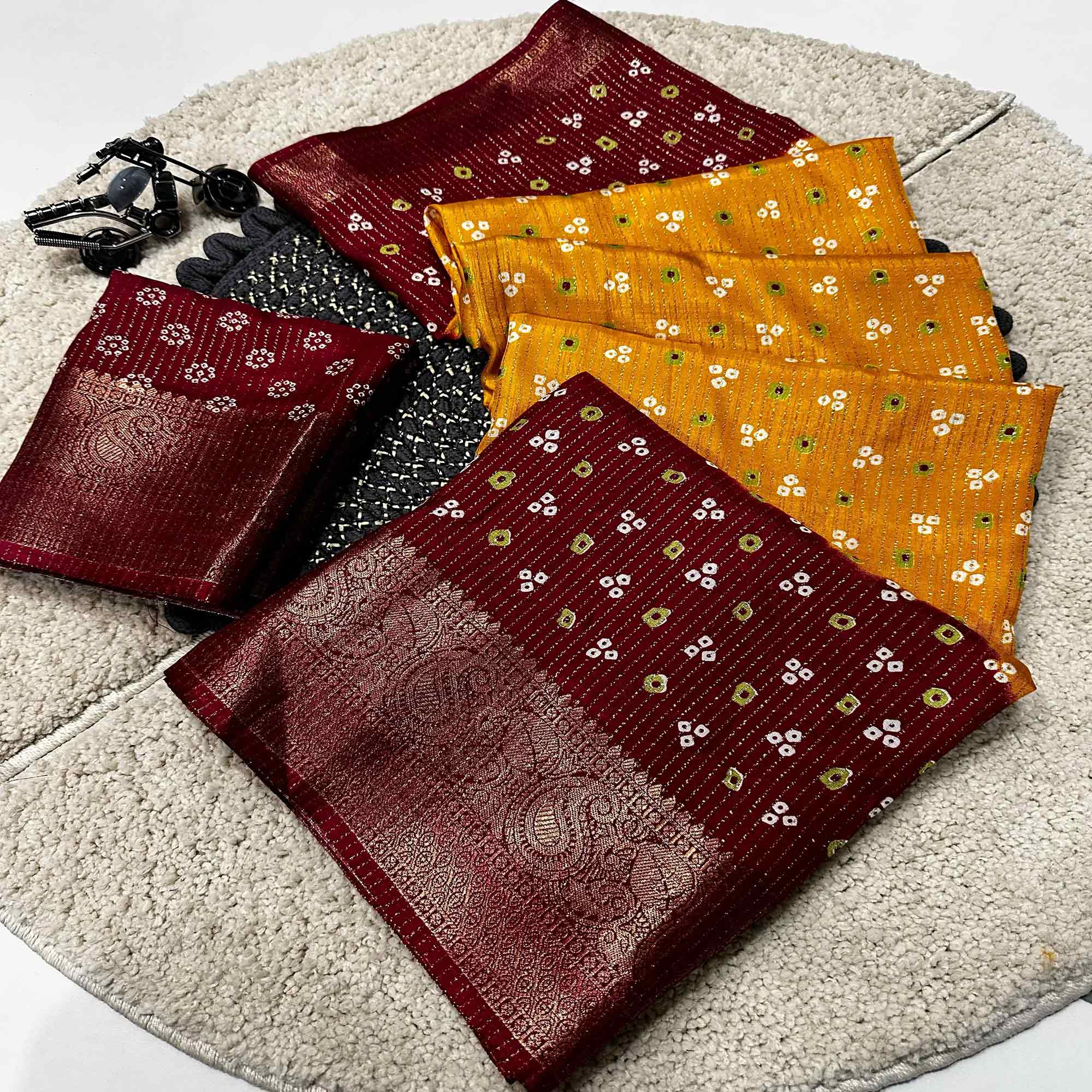 Mustard Saree in Dola Silk with All-Over Bandhani Print and Zari Highlights