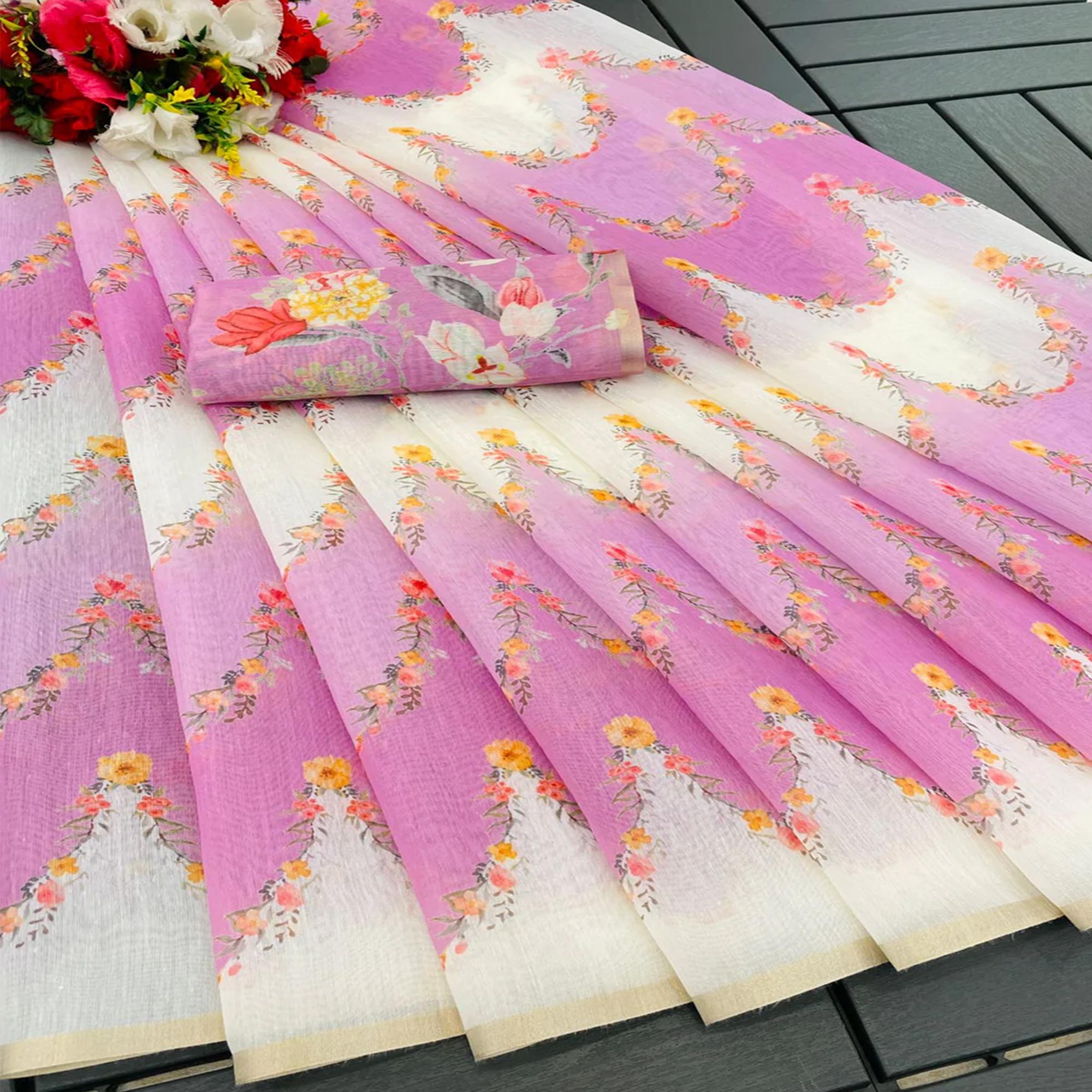 Light Magenta Floral Digital Printed Chanderi Cotton Saree